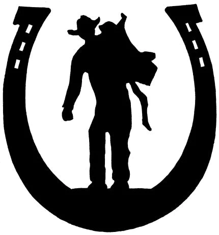 silhouette of a cowboy carrying a saddle in a horseshoe