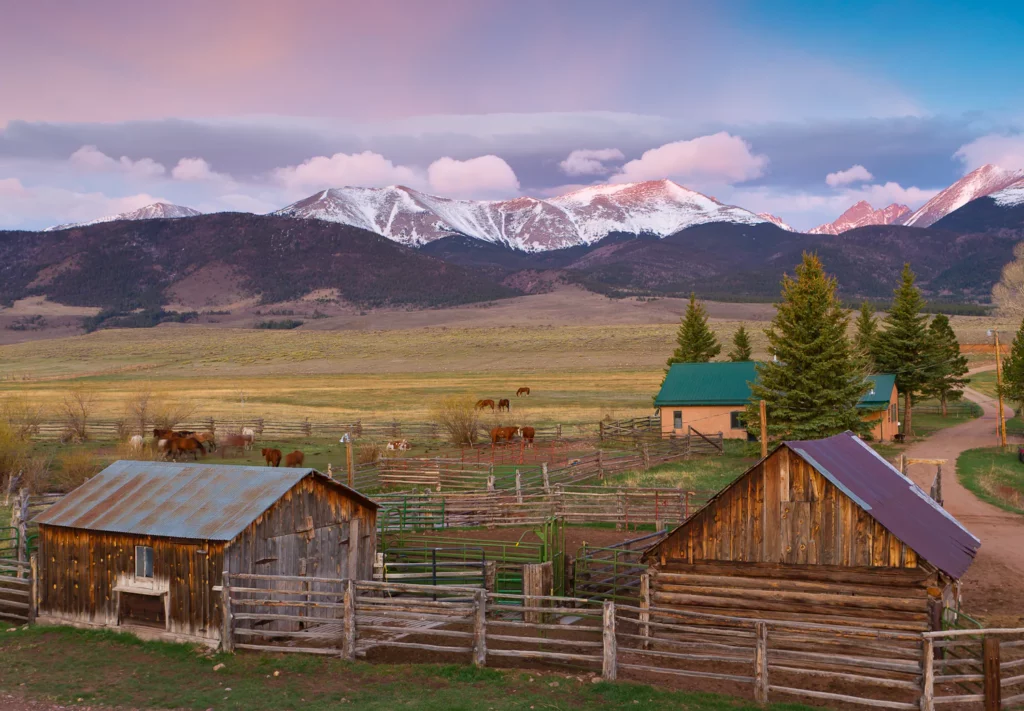 view of music meadows ranch with cattle and mountains in the background