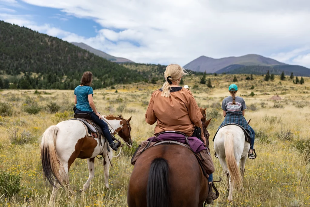 group of three people riding horses with mountains in the background